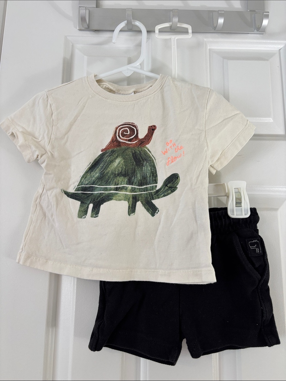 Zara Kids Cream Short-Sleeve Tee with Green Turtle & Brown Snail Graphic/Shorts